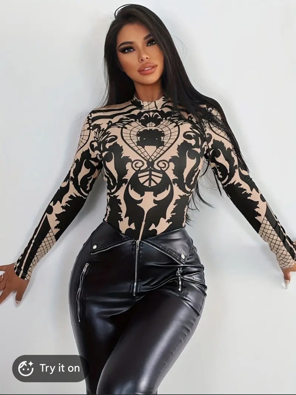 Long Sleeve  Patterned Bodysuit - Black/Tan